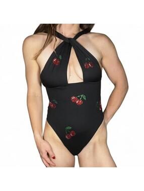 DES PHEMMES Cherry Embroidered Cutout One Piece Swimsuit One Size